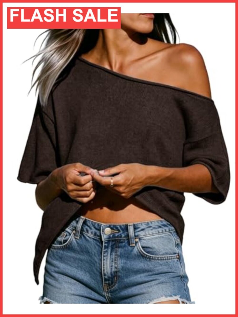 Womens Off Shoulder Crochet Knit Cover Up Asymmetric Roll Hem Summer Top